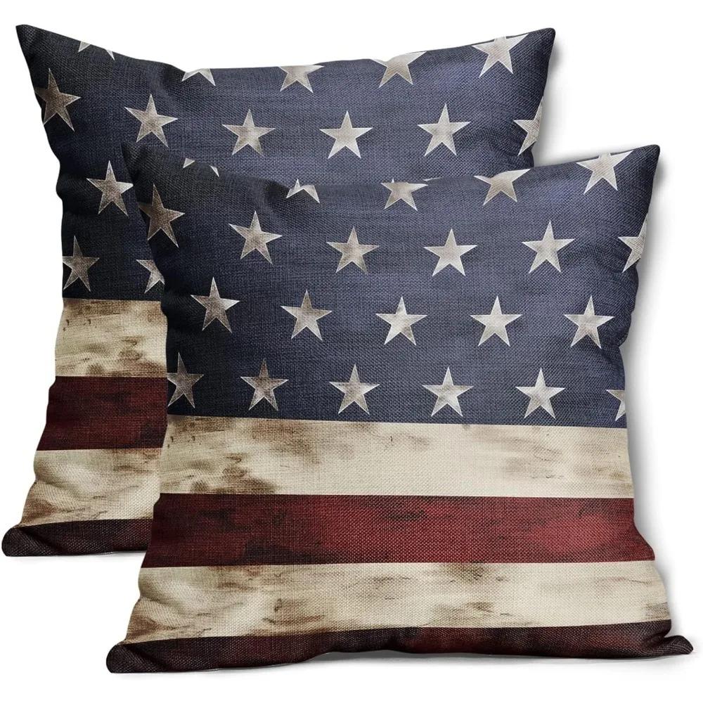 

Independence Day American Flag Pillow Covers Set of 2 4th of July Blue Red Pillow Cases Patriotic Stripes Star Cushion Covers 16x16Inch