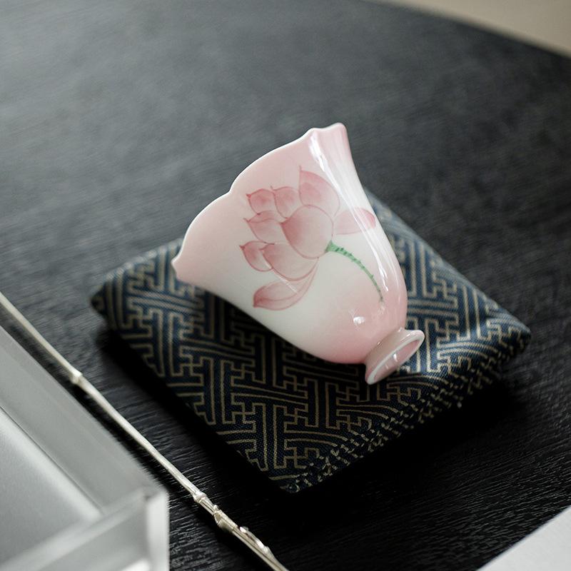 Pink Hand-Painted Lotus Ceramic Tea Cup - Flared Rim Zen Tea Bowl for Kung Fu Ceremony, Floral Design High-Stem Sipping Cup