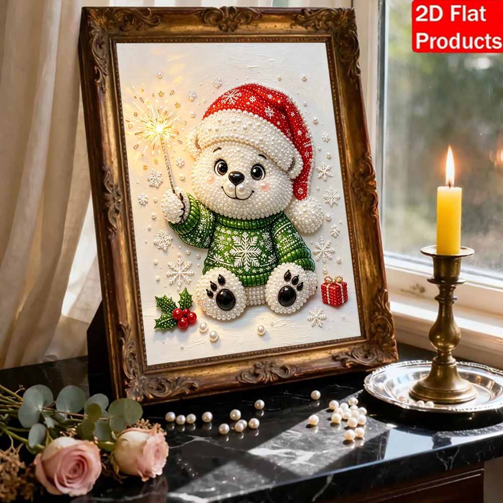 DIY Pearl Bead Painting Kit Christmas Bear Sparkler Stress Relief Craft Frameless 3D Canvas Art for Adults Home Decoration Gift