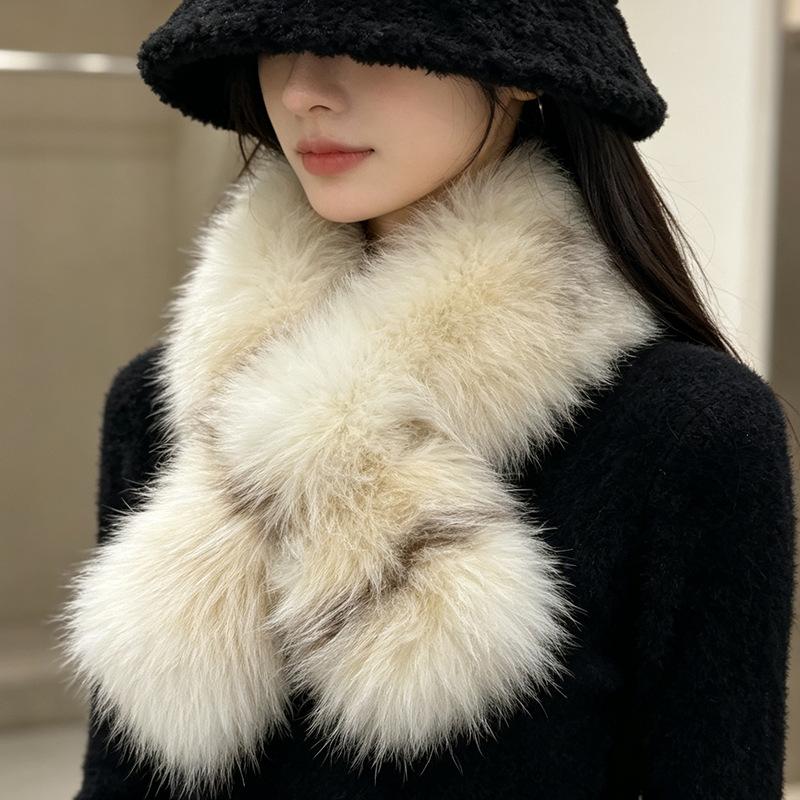 Winter fur scarf thickened warm plush cross scarf fur collar contrasting color double-sided fur scarf fur collar