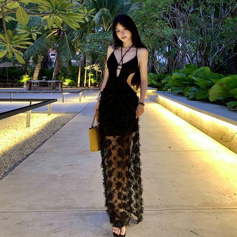 Black Sexy V-neck Triangular One-piece Slimming Belly-covering Heavy Industry Feather Long Dress Backless Seaside Vacation Swimsuit Women's