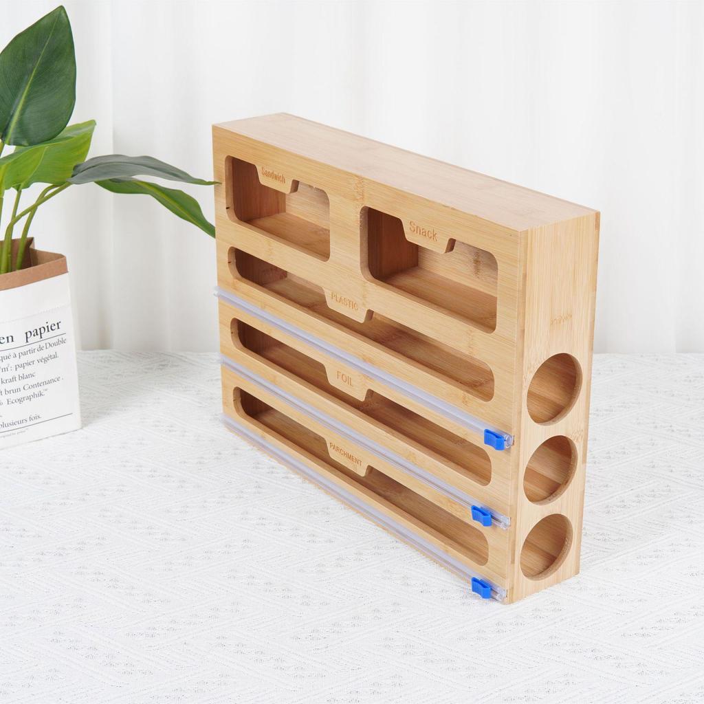 Bamboo Wood Drawer Storage Box with Aluminum Foil & Plastic Wrap Cutter