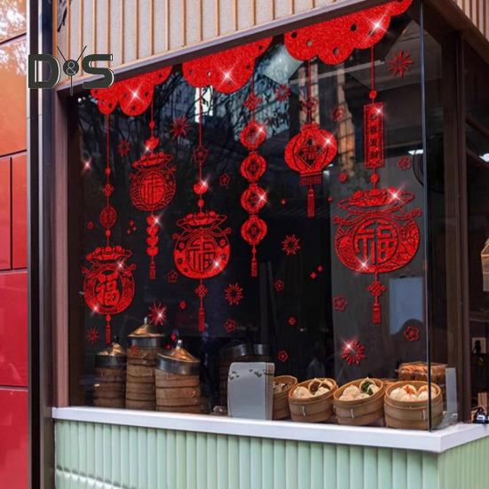 Samolepka na okno k čínskému Novému roku s třpytkami, samolepka na skleněné dveře, nelepivá statická fólie na okno pro dekoraci Svátku jara