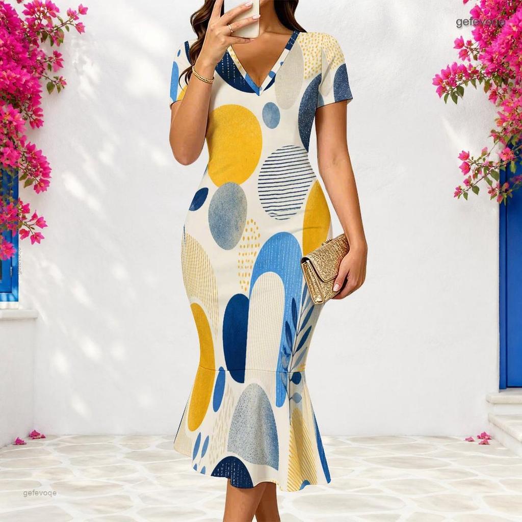 Women Plus Size V Neck Short Sleeve Multicolor Striped Printed Fitted Fishtail Dress