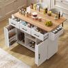 139x46(71)x91.5 Cm Large Dining Cart/Sideboard, White Body + Countertop In Solid Wood Grain, Foldable, Storage Door, Wheels, Interchangeable Wood Feet
