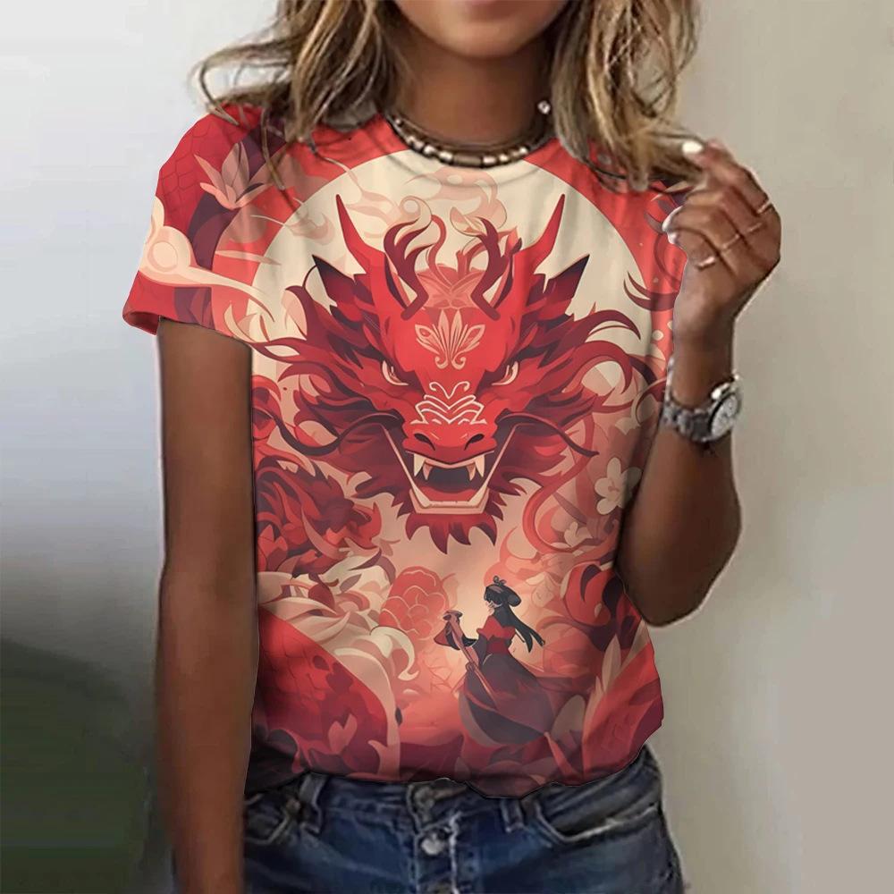 Chinese Loong 3D Digital Printing Women's Fashion Round Neck Short Sleeve T-shirt