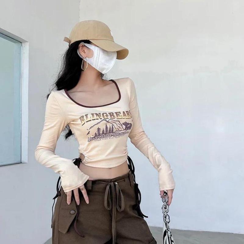 2KWEIRD Print Long Sleeve Tshirts Women Long Sleeve Tunic Summer Tees Crop Tops Bandage Fashion Sexy Y2k T Shirts