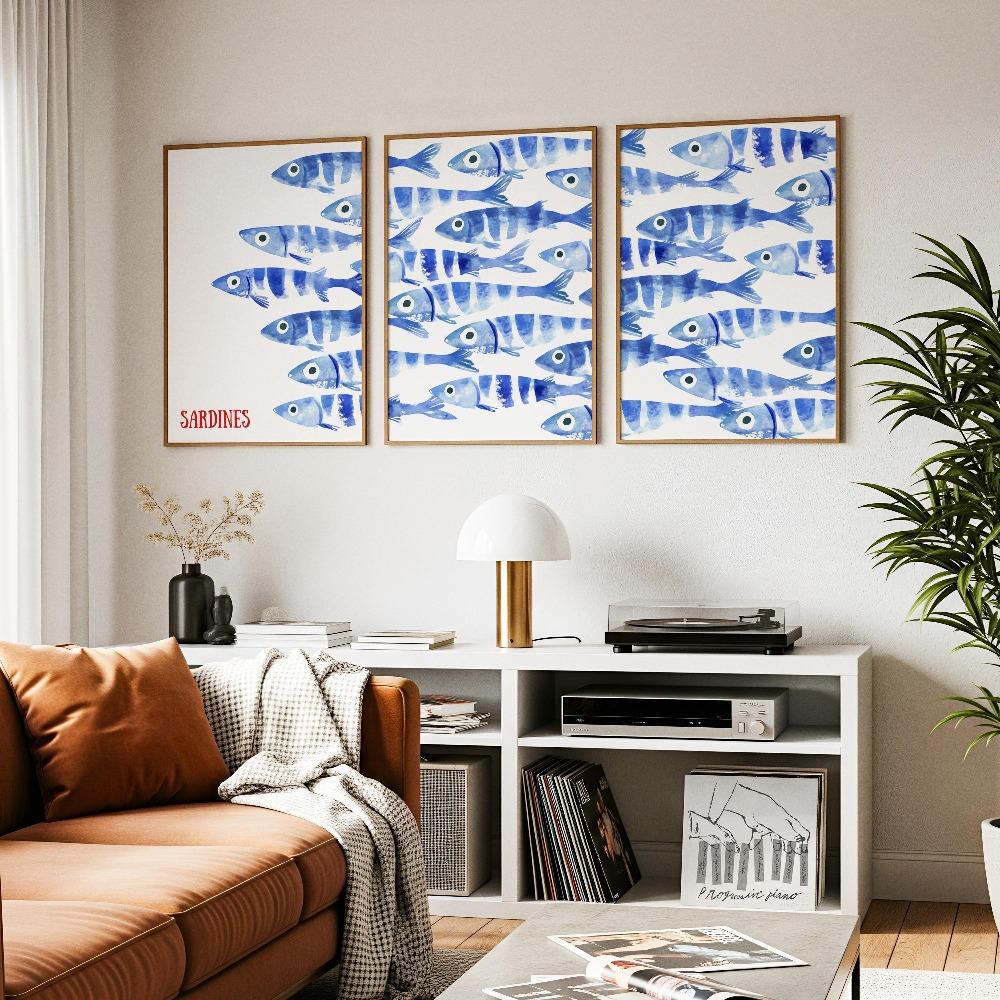 3pcs Frameless,Sardine Print Cloth,Blue Watercolor Fish Poster,Beach House Decoration,Coastal Wall Art,Retro Mediterranean Art