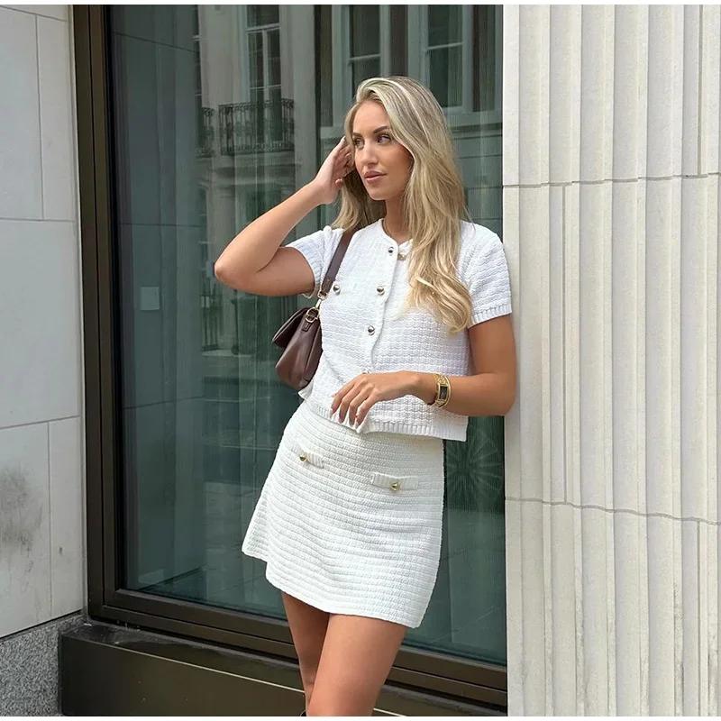 Elegant Knitted Tweed Cardigan Women Solid Single Breasted O-neck Short Sleeve Sweater Vest 2024 Autumn New Lady All-match Tops