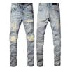 Calças Jeans Masculinas Slim Fit Rasgadas com Patchwork Bordado Estilo Streetwear