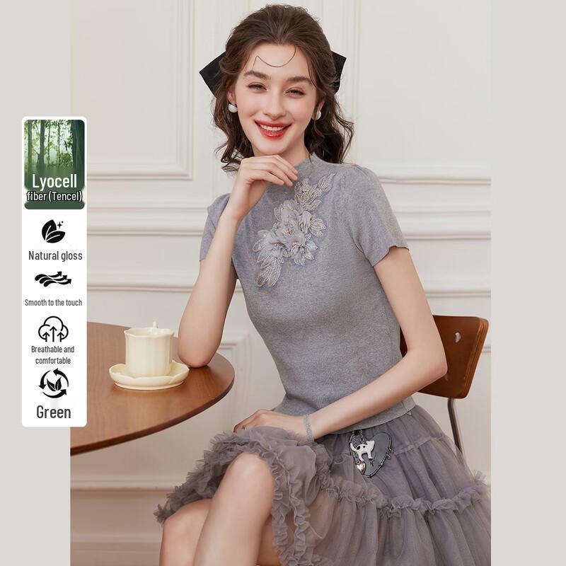 Bailuyu Women s Tencel 3D Beaded Mock Neck Short Sleeve Knit Sweater M