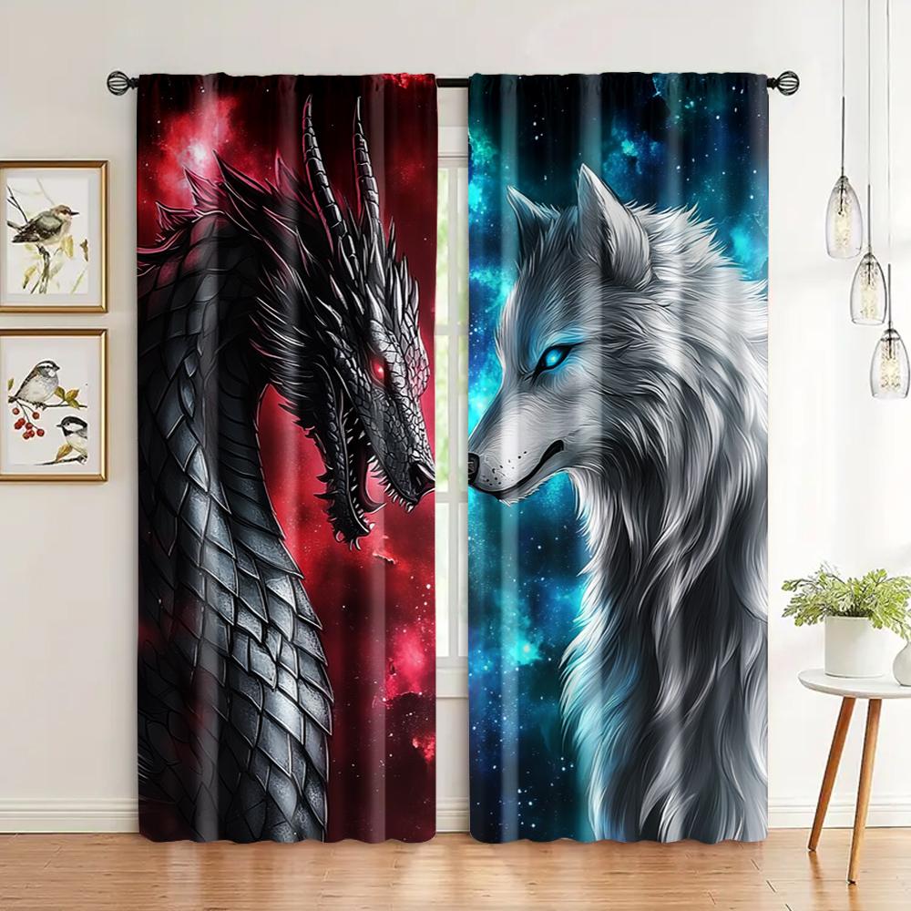 

2 шт., Шторы для окон Галактический синий Волк Серебристый Светофильтр Украшения для вечеринок с кулисками, полупрозрачный полиэстер 29x65in(75x166cm)