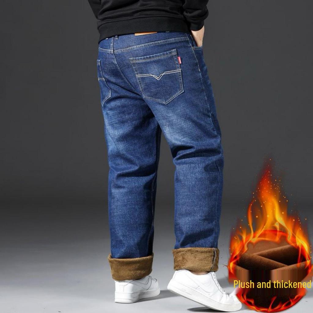 Men's Plus Size Fleece-Lined Straight Leg Jeans - Thick, Loose-Fit for Fall/Winter