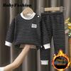 New Autumn Winter Kids Pajamas Baby Boys Girls Striped Thicken Warm T-shirt with Pants Youth Pyjamas Sleepwear Clothing Sets