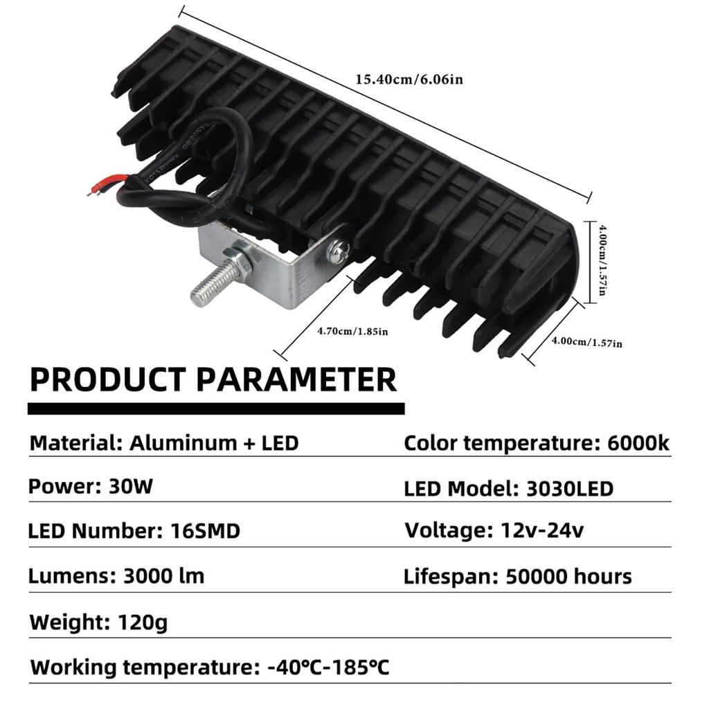 30W Car Work Light LED Bar Auxiliary Headlight 12-30V Spotlight Day Running Light 16SMD for Truck Offroad SUV ATV White 6000K