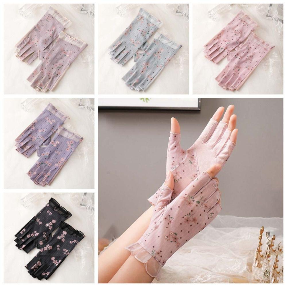 1 Pair Breathable Sunscreen Half-finger Gloves Quick Dry Silicone Anti Slip Lace Mesh Gloves Thin Sun Protection