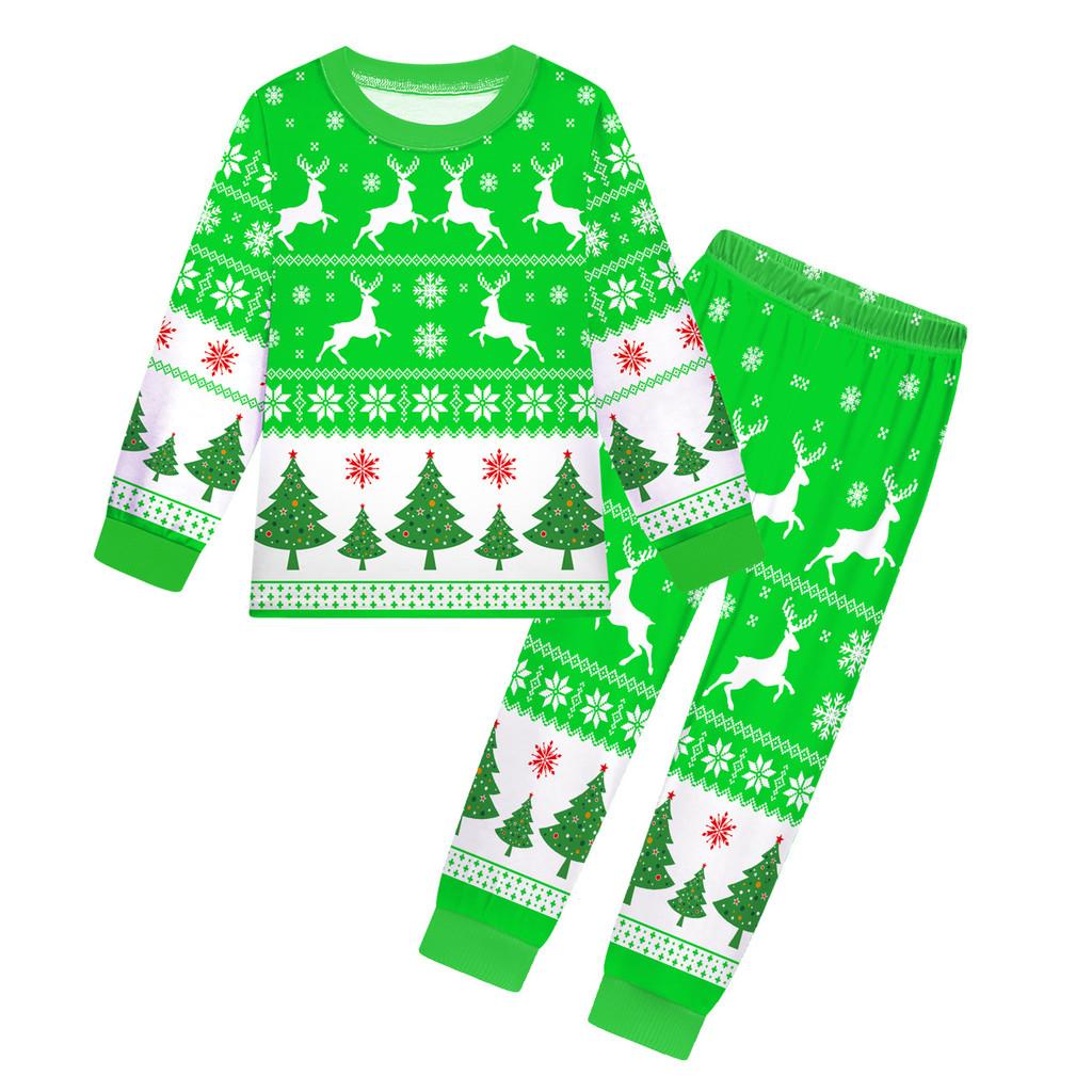 Kids Boys Girls Cartoon Santa Claus Christmas Tree Elk Print Long Sleeves T-Shirt Top Pants Trousers Clothes Set