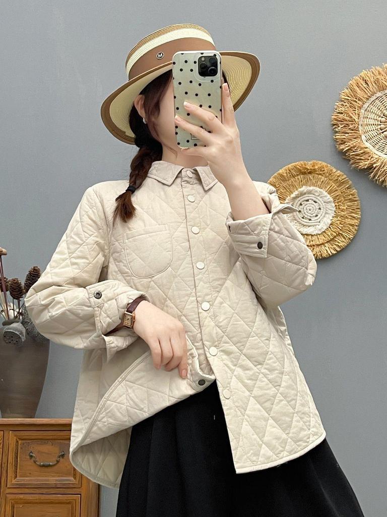 Veste chemise matelassée à motif losanges pour femme Automne/Hiver 2025 avec col pointu - Haut de base chaud décontracté