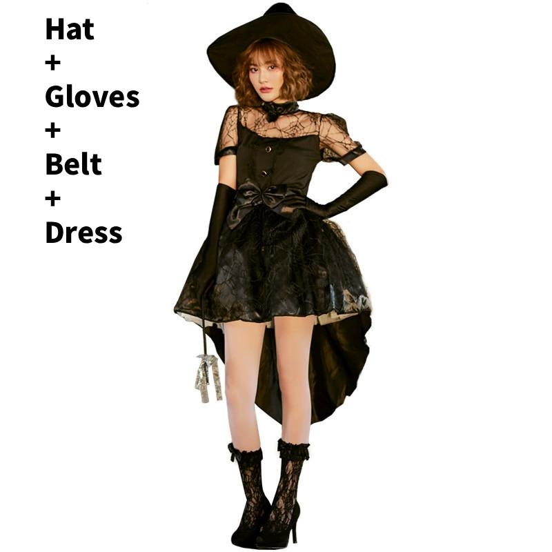 Black Lace Mesh Witch Tailcoat Dress Costume For Halloween Party Events Cosplay