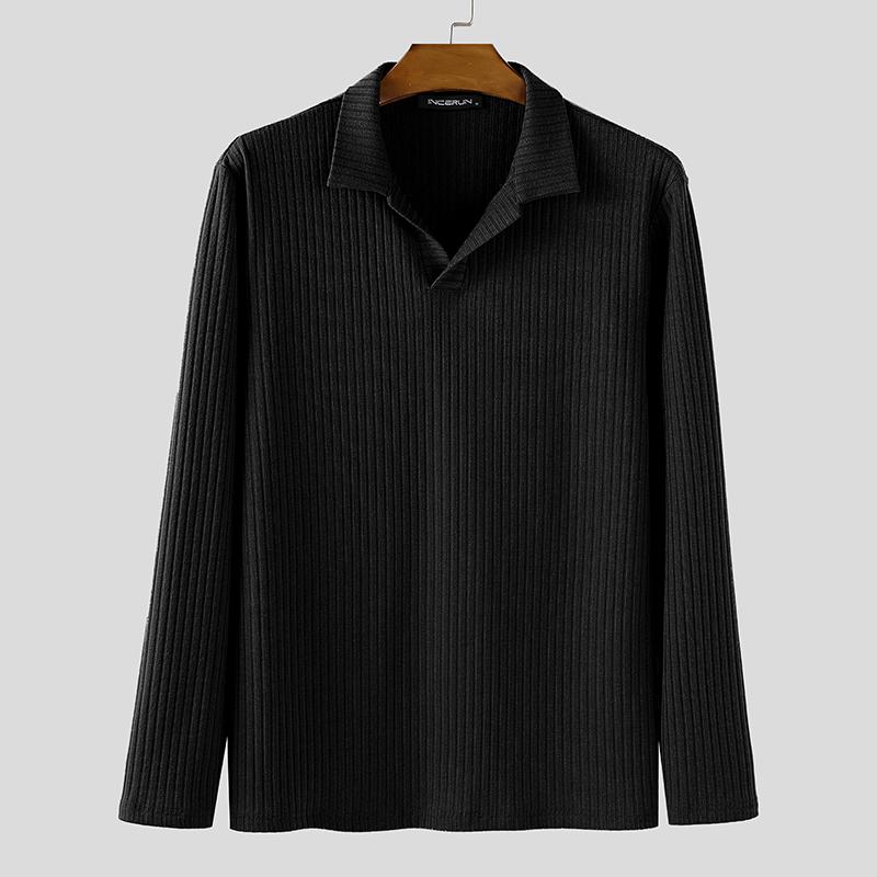 INCERUN Autumn Winter Men Lapel Neck Long Sleeve Casual Texture Rib Pullovers Tops