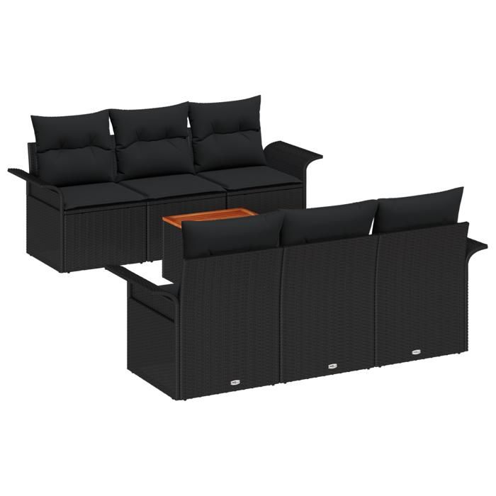 Ensemble de Canapé de Jardin 7 Pièces avec Coussins Noir Poly Rattan Acacia, Canapé de Jardin 2 Places avec Rangement &amp; 3355944