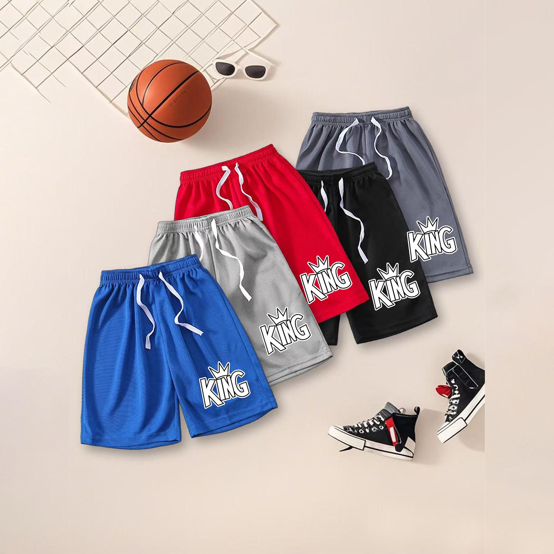 Boys Sports Shorts | KING Text With Crown Graphic Print | 5 Colors Elastic Waist 120 чёрный/синий