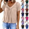 Damen Freizeit Farbe V-Ausschnitt Falten Kurzarm Top V-Ausschnitt Falten Kurzarm Top