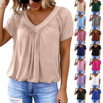 Damen Freizeit Farbe V-Ausschnitt Falten Kurzarm Top V-Ausschnitt Falten Kurzarm Top