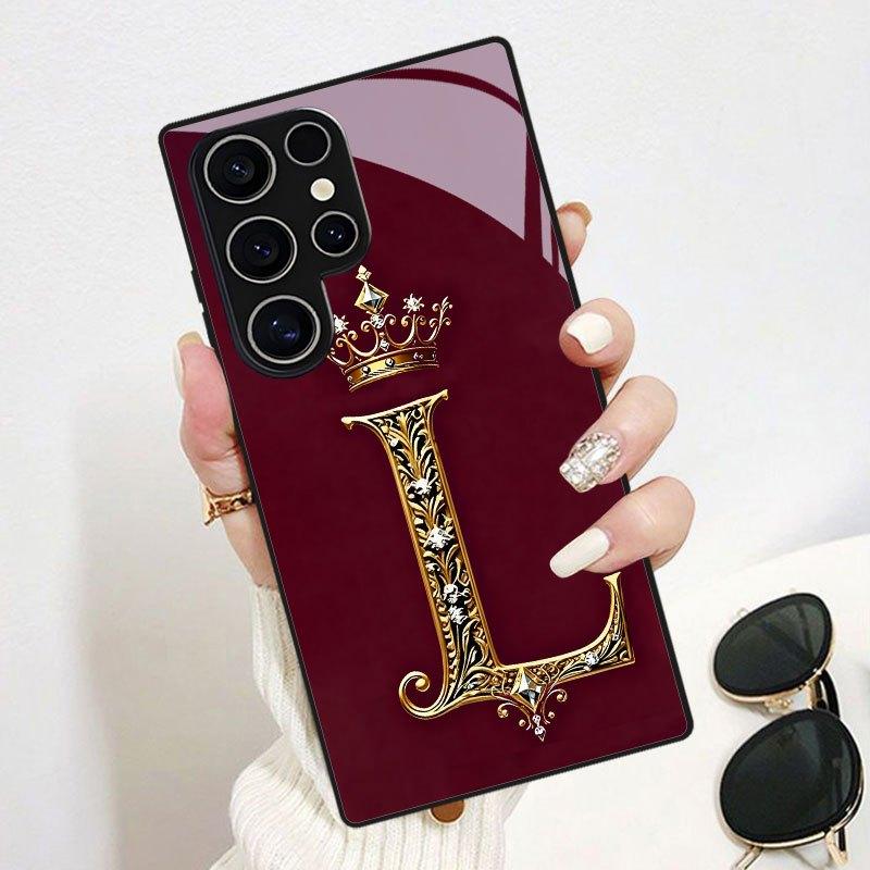 

Стеклянный чехол для телефона с узором золотой короны и буквой L для Samsung galaxy S26 S25 S24 S23 S22 S21 S20 FE Ultra Plus 5G, противоударная задняя крышка Galaxy S26 чёрный