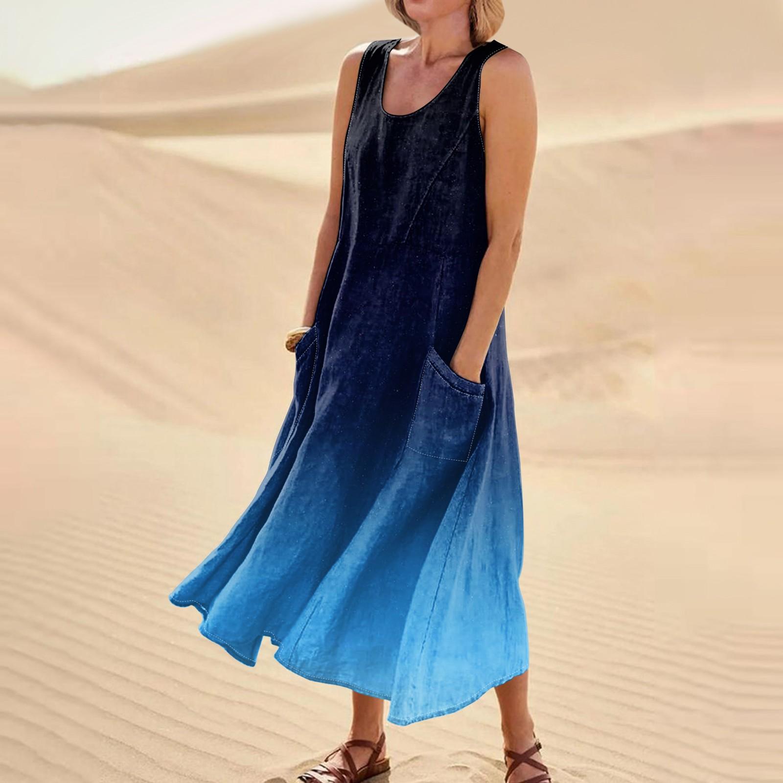 

Женское модное повседневное хлопковое льняное платье без рукавов с принтом и карманами