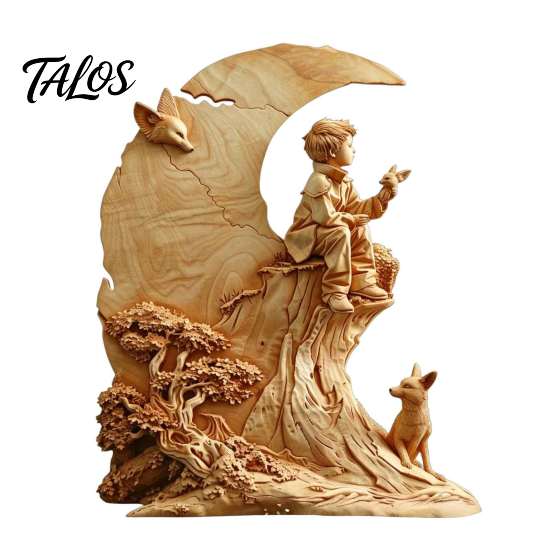 Handcrafted Wooden Statues Fairy Tale Little Boy and Fox Figurine, Rustic Desktop Statue, Artistic Carved Christmas Gift Ideas Sculpture Ornament for