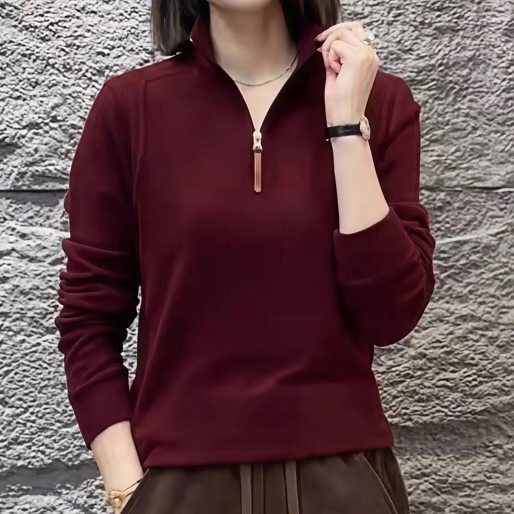 Spring and Autumn Women's Stand Collar Plus Size Fleece Base Shirt Warm Solid Color Pullover Long Sleeve T-Shirt Outwear