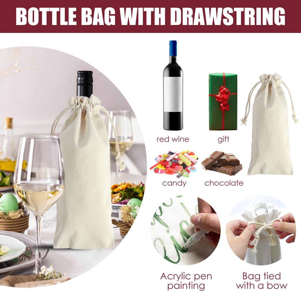 10Pcs Sublimation Wine Bottle Bags Reusable Wine Bottle Gift Bags Drawstring Bulk Blank Canvas Wine Bags For DIY Heat Transfer