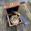 Sonnenuhr-Kompass aus massivem Messing, Vintage, nautischer Retro-Steampunk, polierte Hartholzbox, Marine-Kompass, Vintage, nautischer Kompass und Hartholzbox