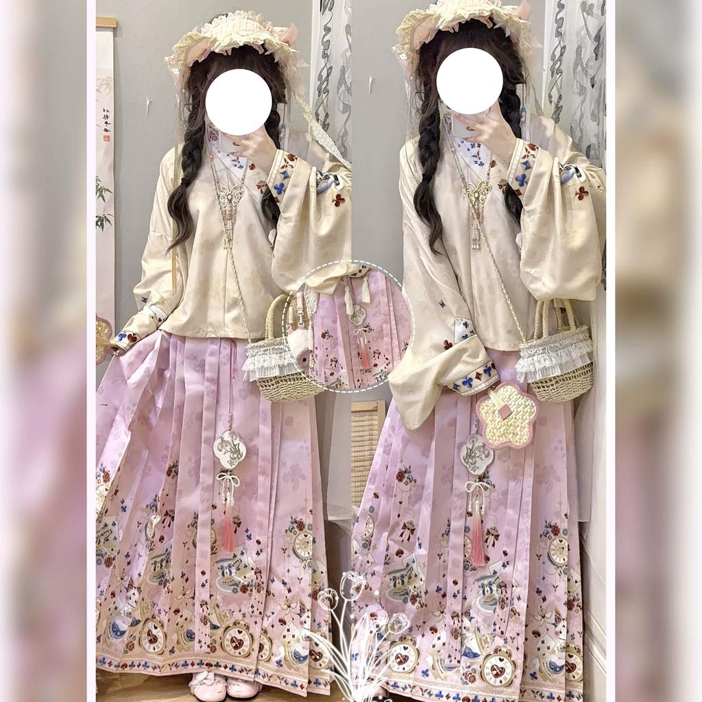 Women's Modernized Ming Dynasty Hanfu Set, Lolita Style Ma Mian Skirt Outfit For Daily Wear