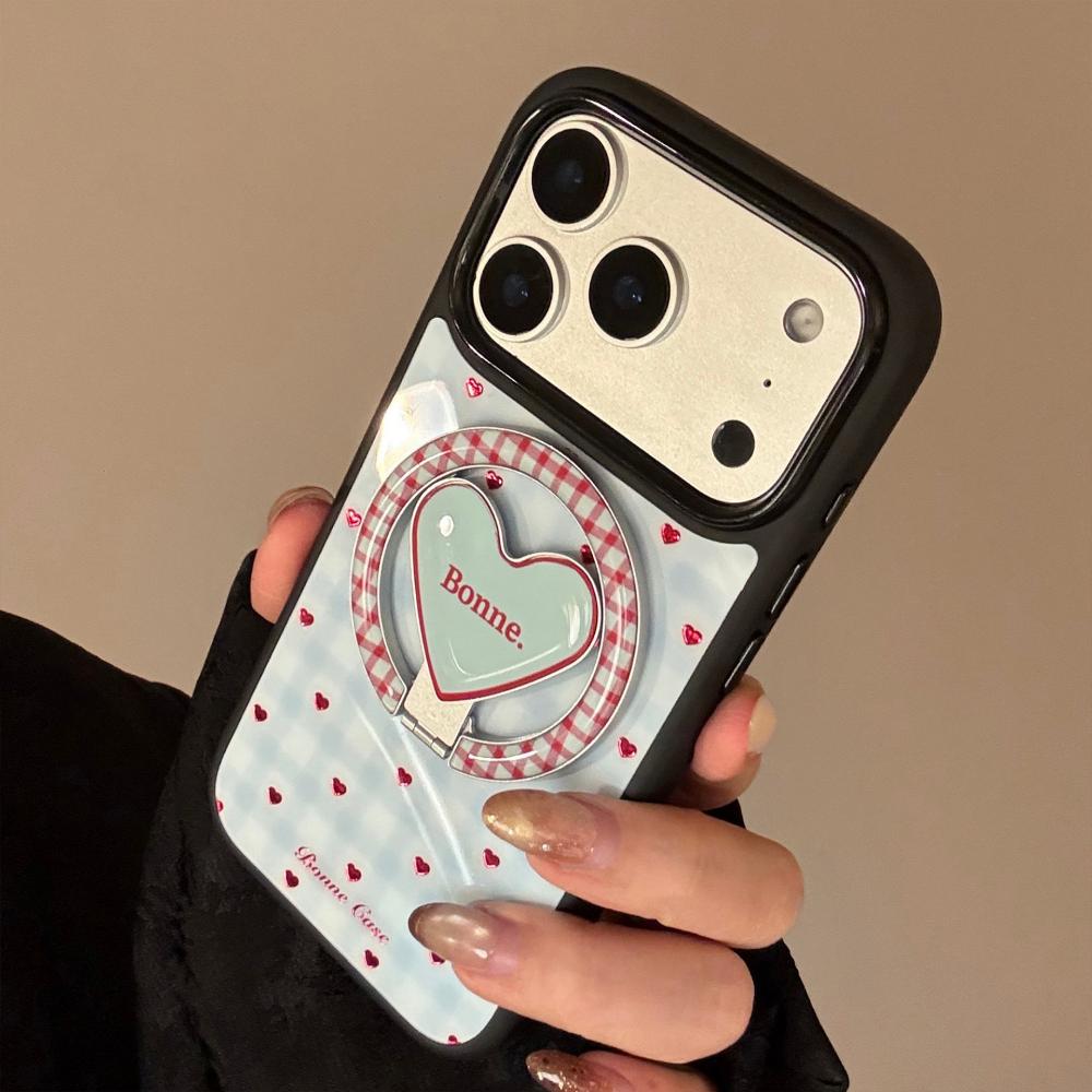 Gold-plated Blue Checkered Heart-shaped Apple IPhone 17 Pro Max Phone Case, Compatible with IPhone 16, 12, and 15 Magnetic Stand Phone Case