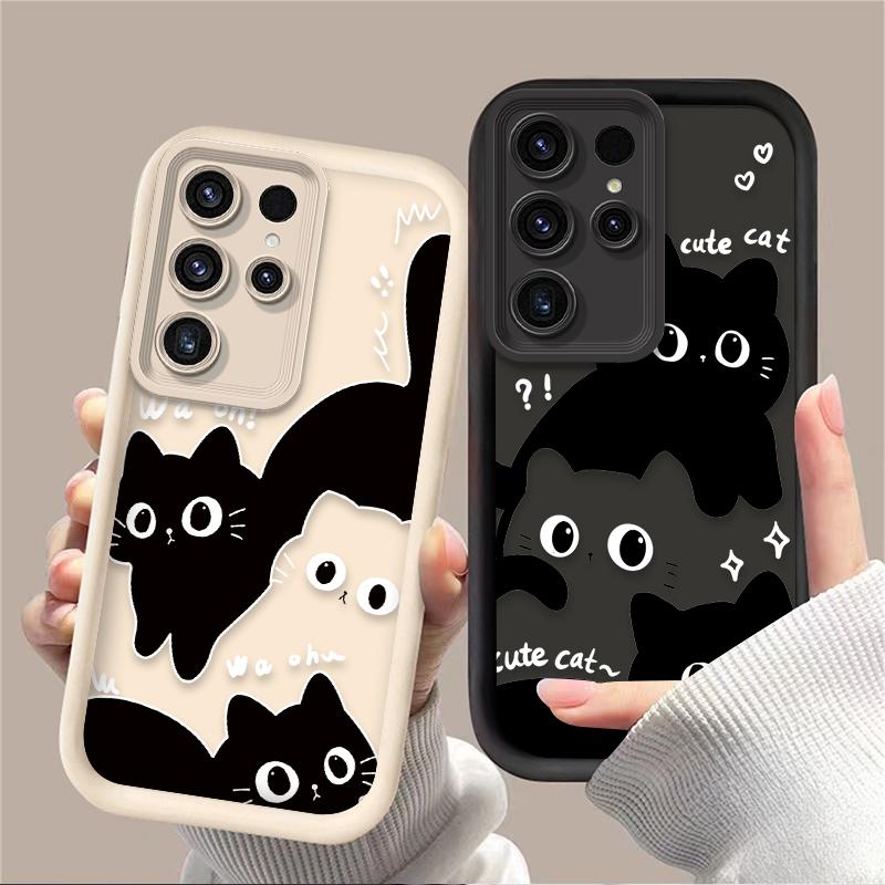 Cute Big Eyed Black Cat Phone Case for Samsung Galaxy S24 S25 S23 Ultra S22 S21 Plus FE A36 A56 A26 A16 A06 A15 A25 A35 A55 5G