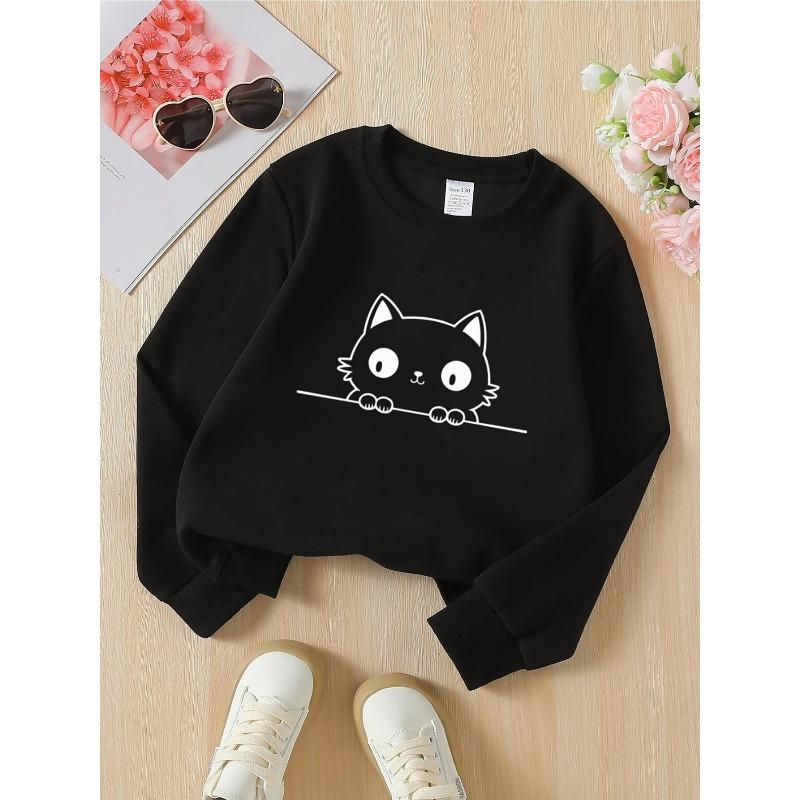 European Sizes Cute Cat Peekaboo Black White Kids' Hoodie, Round Neck Hoodie, Children's Long Sleeved T-shirt, Casual Multi Colored