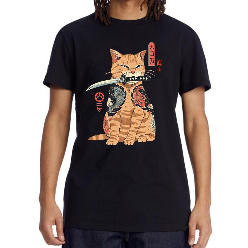Men's T-shirt Top Quality 100% Cotton Short Sleeve Cool Knife Cat Print O-neck Casual Loose Hip Hop For Men Summer Male Tee Tops