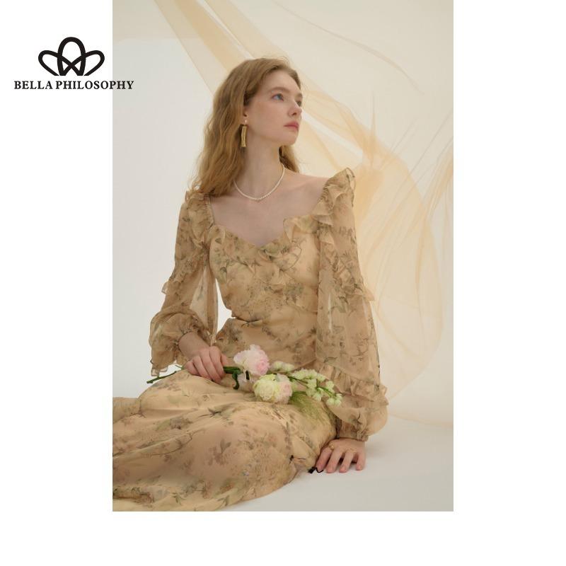 French Style Retro Elegant Floral Dress Fairy Long Dress Chiffon Dress Long Sleeve Seaside Holiday Long Sleeve Irregular Hem Dress