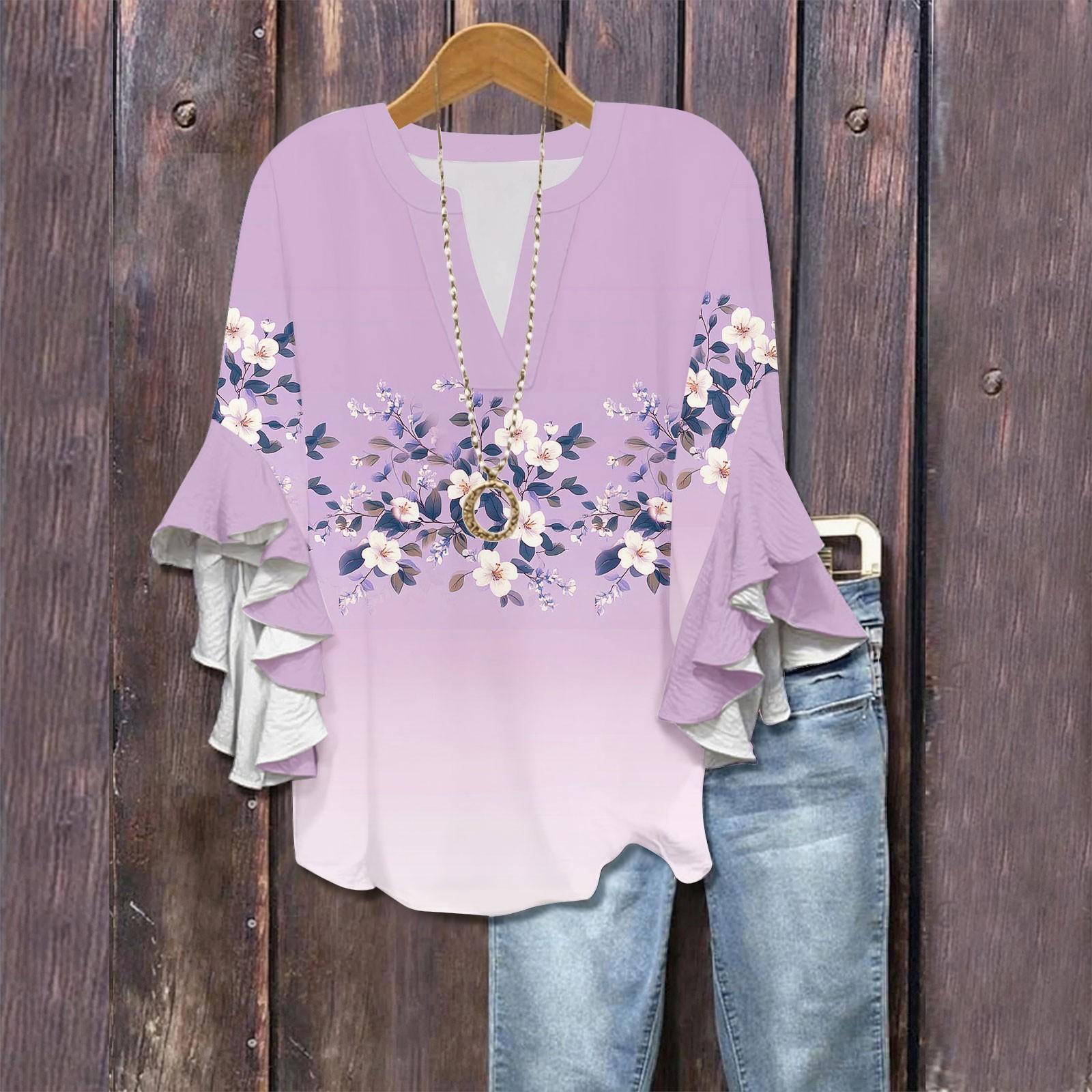 

Сорочки з рукавом 3/4 для жінок Милі футболки з графічним принтом Блузки Повсякденні великих розмірів Базові топи з рукавами-рюшами Пуловер S фіолетовий