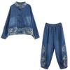 2 Piece Set Vintage Large Size Elastic Waist Jeans Suits Denim Sets Spring Autumn Women Floral Print Denim Jacket And Jeans