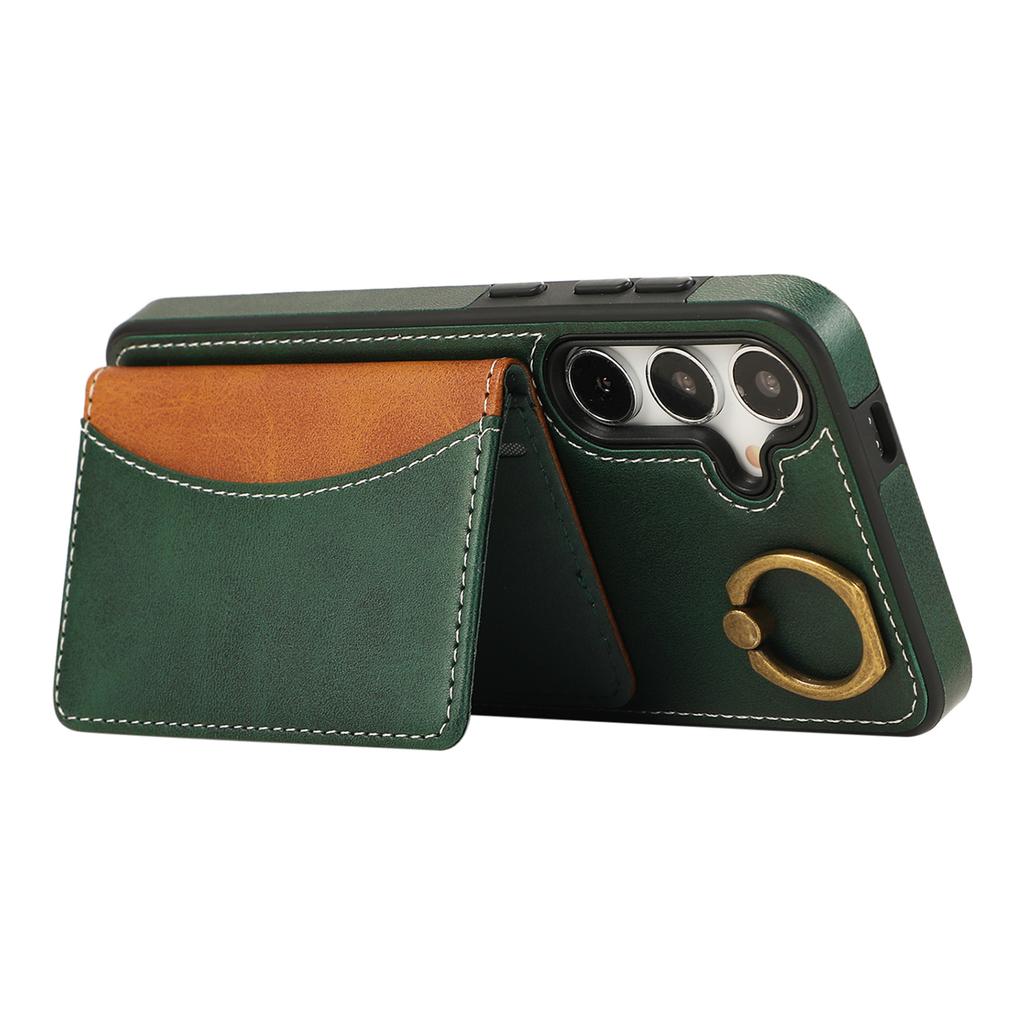 For Samsung Galaxy S24 PU Leather Back Case Card Holder Kickstand Phone Cover with Wrist Strap