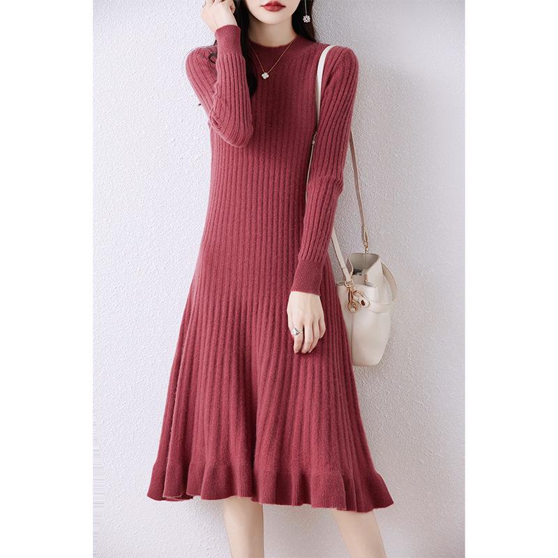 Elegant Women's 100% Pure Wool Knit Dress - Slimming, Round Neck, Long Cashmere for Autumn and Winter