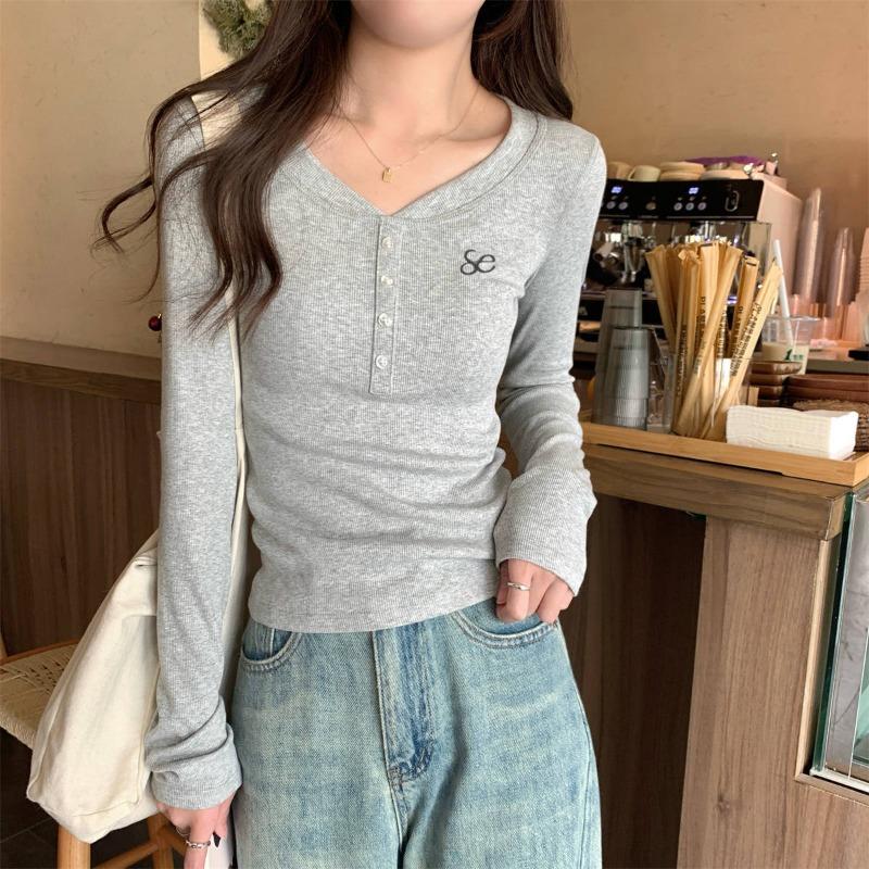 Spice girl style collar front shoulder embroidered top women's spring new slim-fitting long-sleeved shirt with bottoming shirt