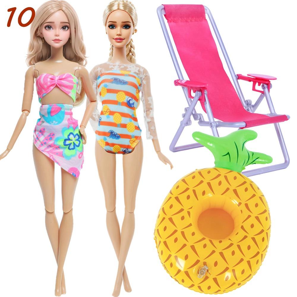 4 Przedmioty Akcesoria do Kostiumów Kąpielowych dla Lalki 2x Kostium Kąpielowy Bikini 1x Leżak Plażowy 1x Nadmuchiwany Koło do Pływania 30CM Ubranka dla Lalki 11,8 Calowa Zabawka Lalka