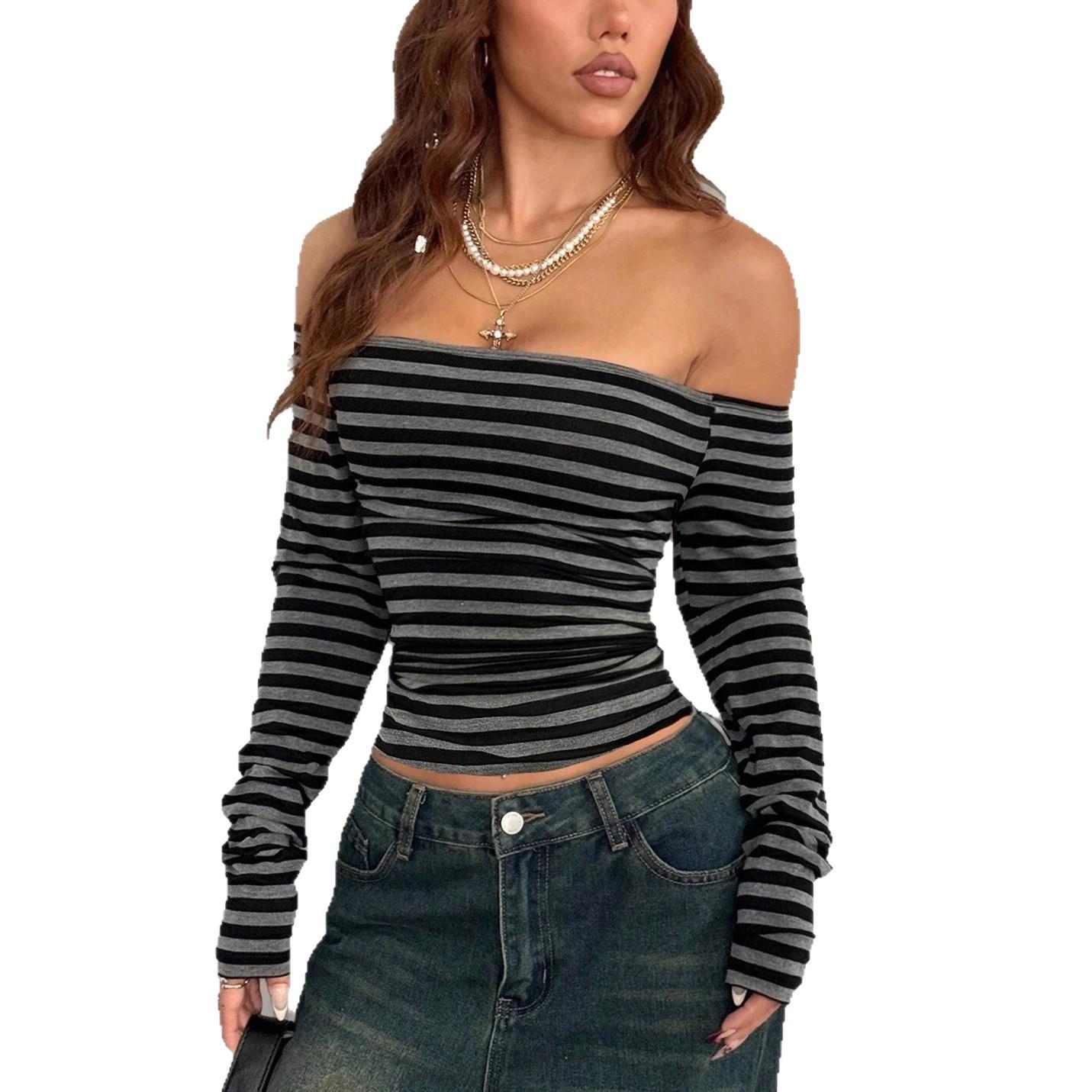 

Women s Retro Striped Off-Shoulder Knit Top - Grey & Black Large чорний