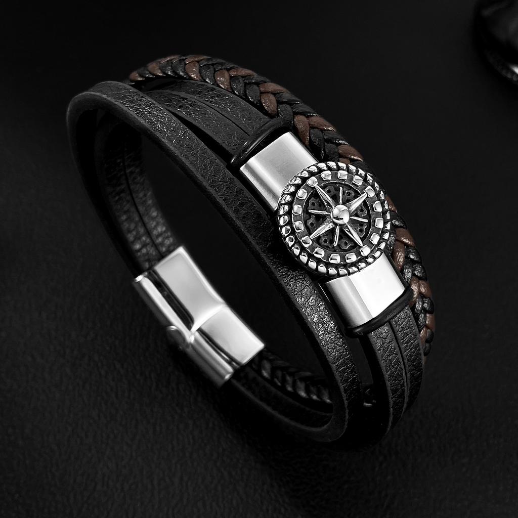 E-commerce Leather Bracelet Men's Stainless Steel Personalized Design Octagonal Star Multi-layer Woven Titanium