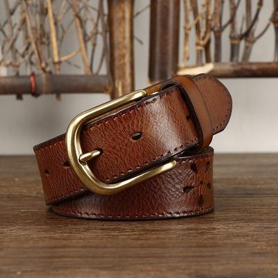 Belt Men's Retro Personalized Trendy Hollow First Layer Cowhide Leather Pin Buckle Casual Denim Belt Men's