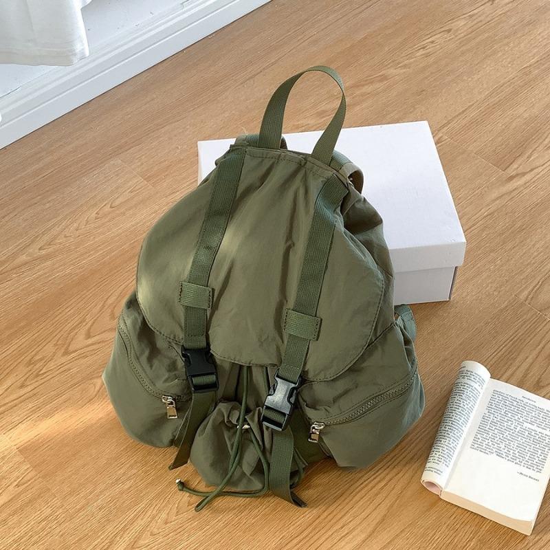 Flip Pull Rope Pleated Backpack Simple Female College Student Schoolbag Casual Buckle Large Capacity Backpack